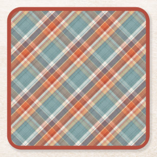 Modern Teal Dark Blue Orange White Plaid Pattern Square Paper Coaster
