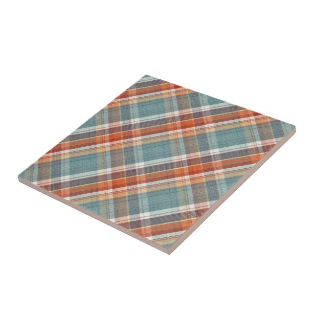 Modern Teal Dark Blue Orange White Plaid Pattern Tile (Side)