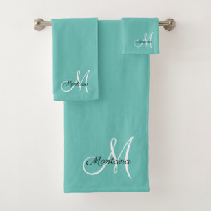 Modern Teal Elegant Monogram Script Bath Towel Set