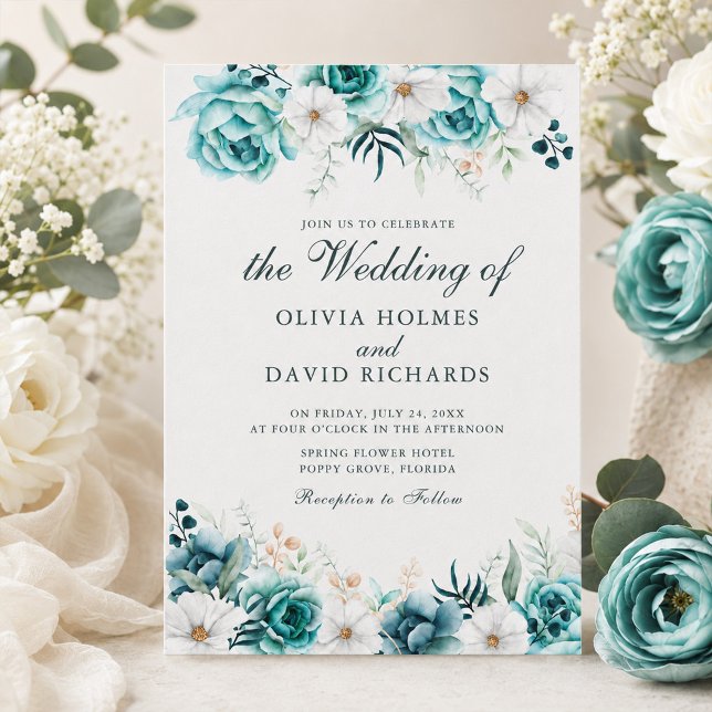 Modern Teal Floral Botanical Wedding Invitation (Modern Teal Floral Botanical Wedding Invitation)