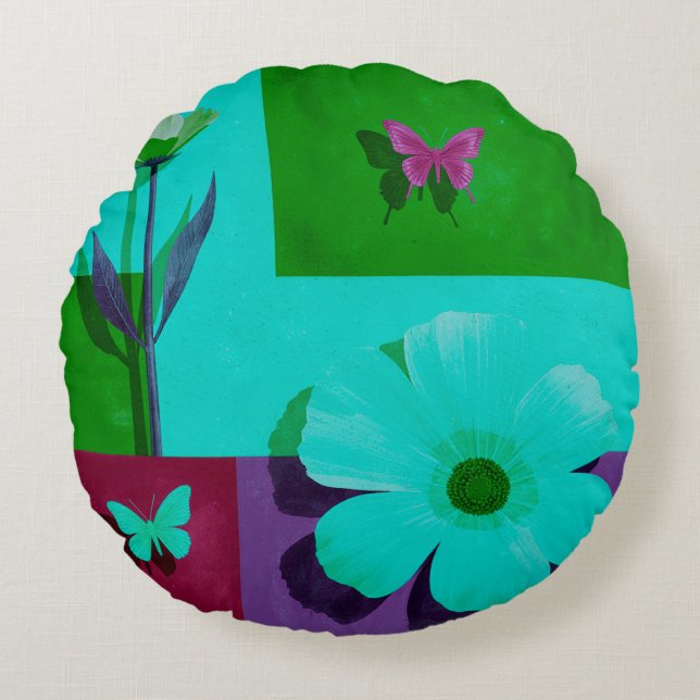 Modern Teal Floral Garden Round Pouf Pillow (Front)