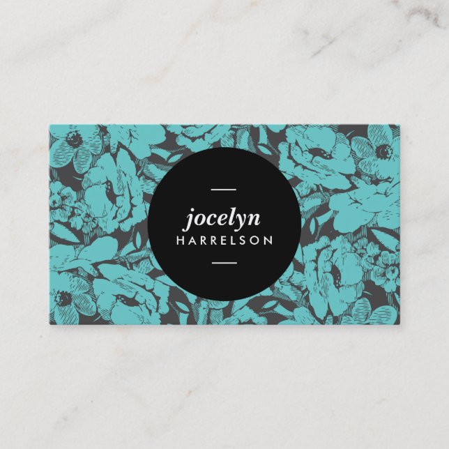 Modern Teal Flowers Black Circle Business Card (Front)