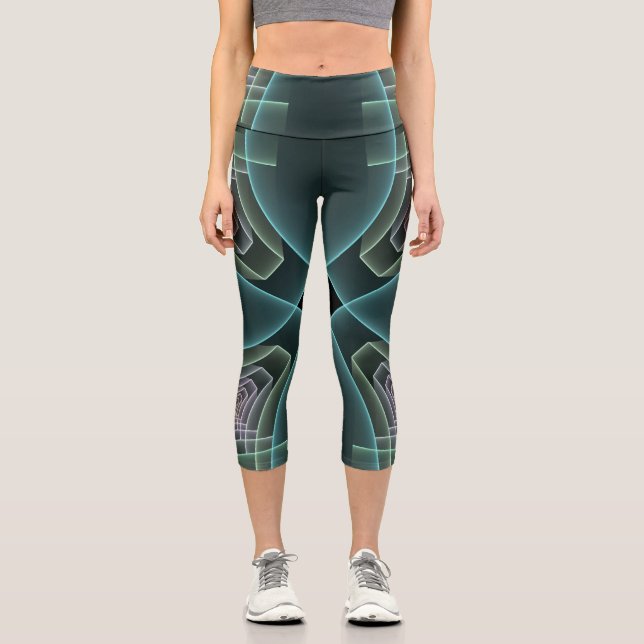 Modern Teal Geometric Fractal Art Graphic Capri Leggings (Front)
