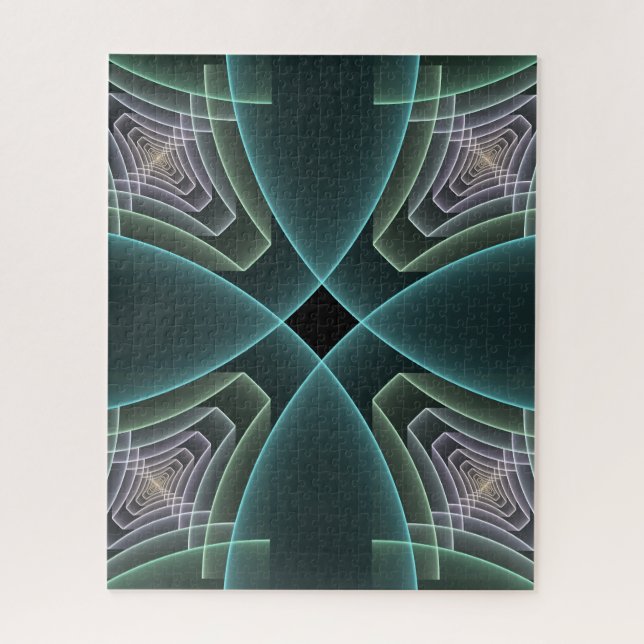 Modern Teal Geometric Fractal Art Graphic Jigsaw Puzzle (Vertical)