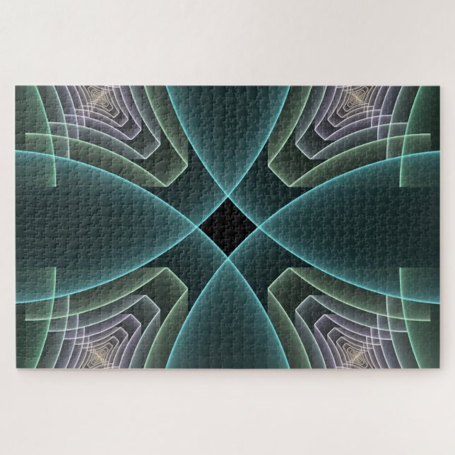 Modern Teal Geometric Fractal Art Graphic Jigsaw Puzzle (Horizontal)