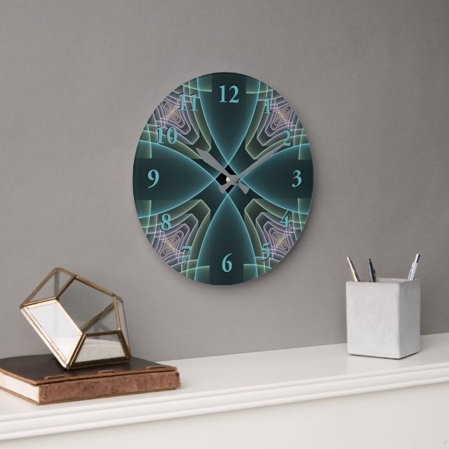 Modern Teal Geometric Fractal Art Graphic Large Clock (Office)