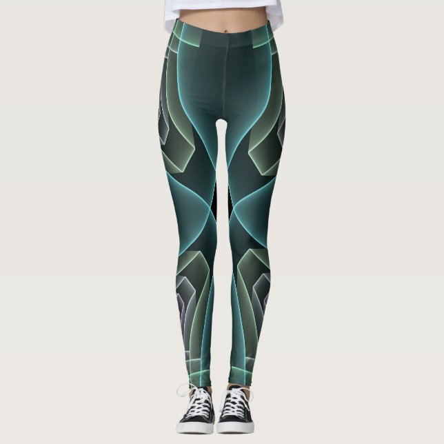 Modern Teal Geometric Fractal Art Graphic Leggings (Front)