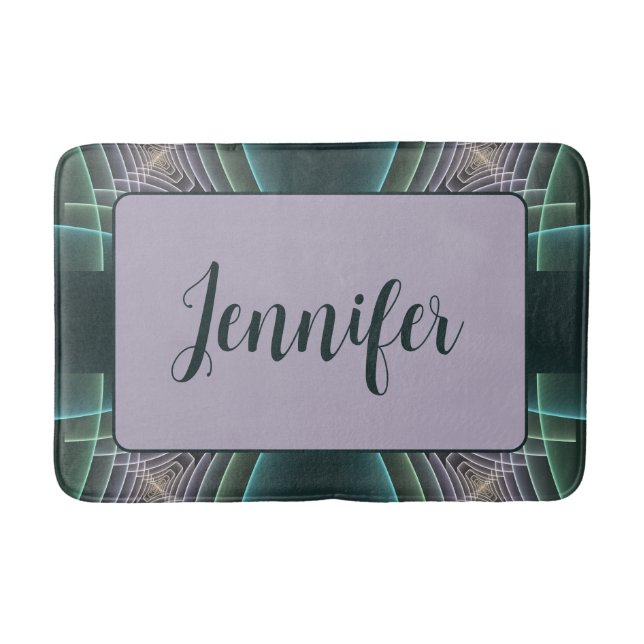 Modern Teal Geometric Fractal Art Graphic Name Bath Mat (Front)