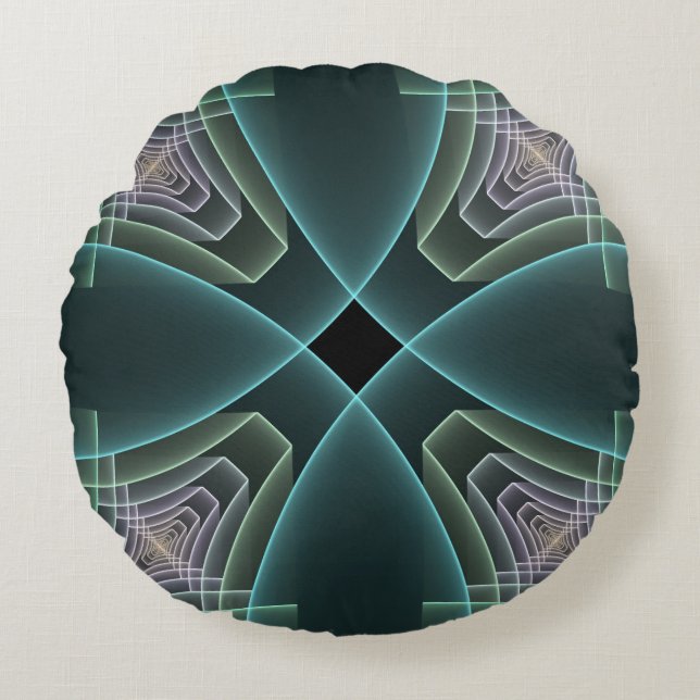 Modern Teal Geometric Fractal Art Graphic Round Pillow (Front)