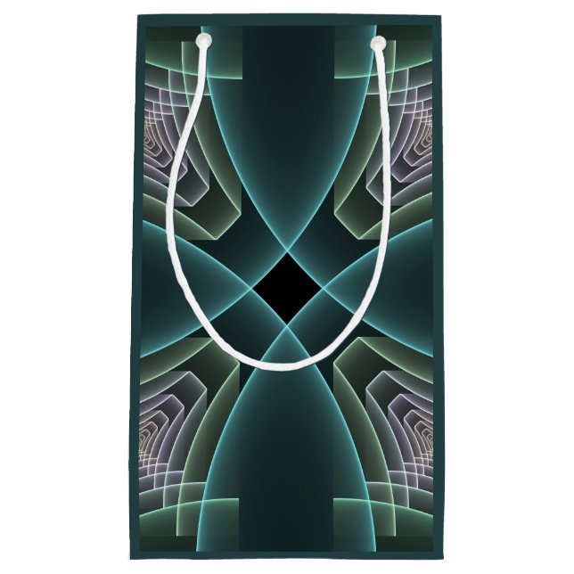 Modern Teal Geometric Fractal Art Graphic Small Gift Bag (Front)
