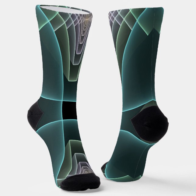 Modern Teal Geometric Fractal Art Graphic Socks (Angled)