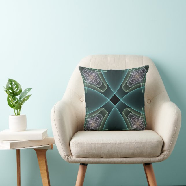 Modern Teal Geometric Fractal Art Graphic Throw Pillow (Chair)