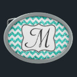 Modern Teal Glitter Chevron Monogram Belt Buckle<br><div class="desc">Modern Teal Glitter Chevron Zig Zag Stripe Fabric Print Pattern Monogram Initial Belt Buckle Personalized</div>