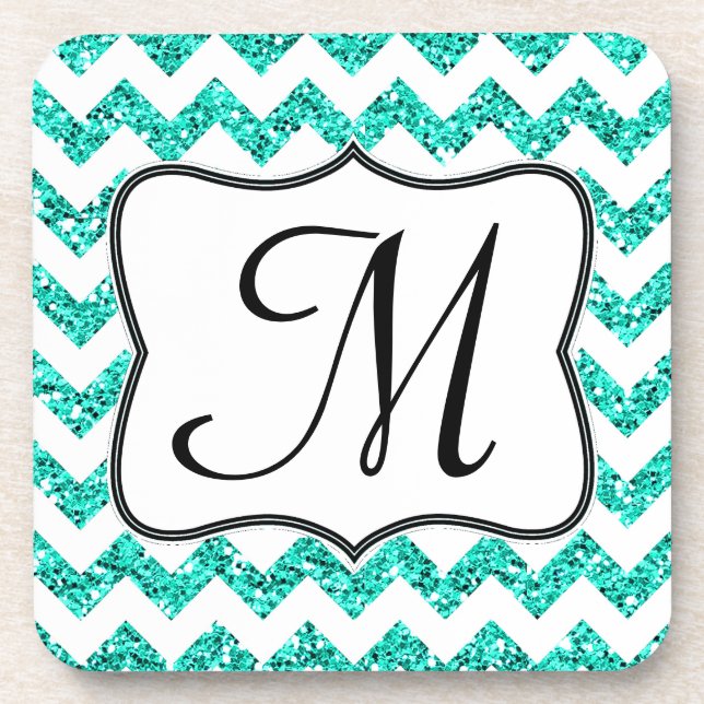Modern Teal Glitter Chevron Monogram Drink Coaster (Front)