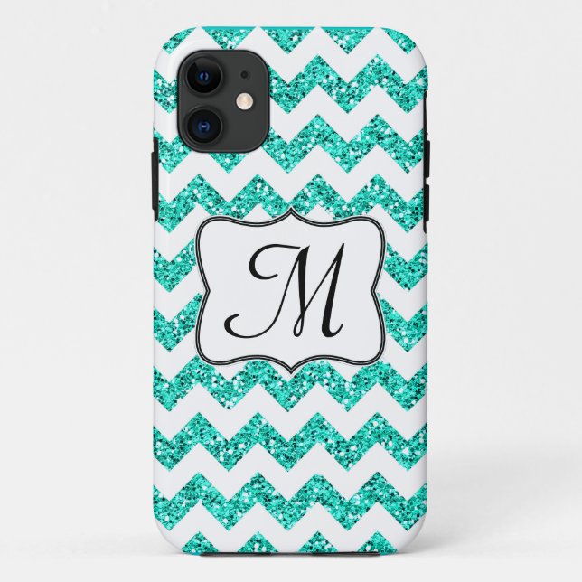 Modern Teal Glitter Chevron Monogram IPHONE 5 Case (Back)