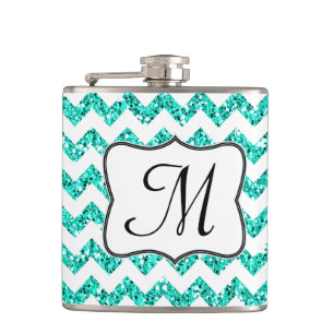 Modern Teal Glitter Chevron Monogram Whiskey Flask