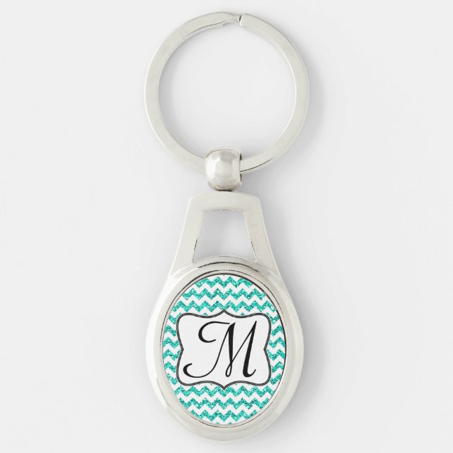 Modern Teal Glitter Chevron Zig Zag Key Chain (Front)