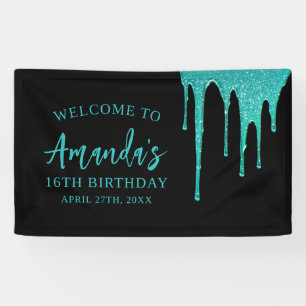 Modern Teal Glitter Drips Sweet 16 Birthday Banner