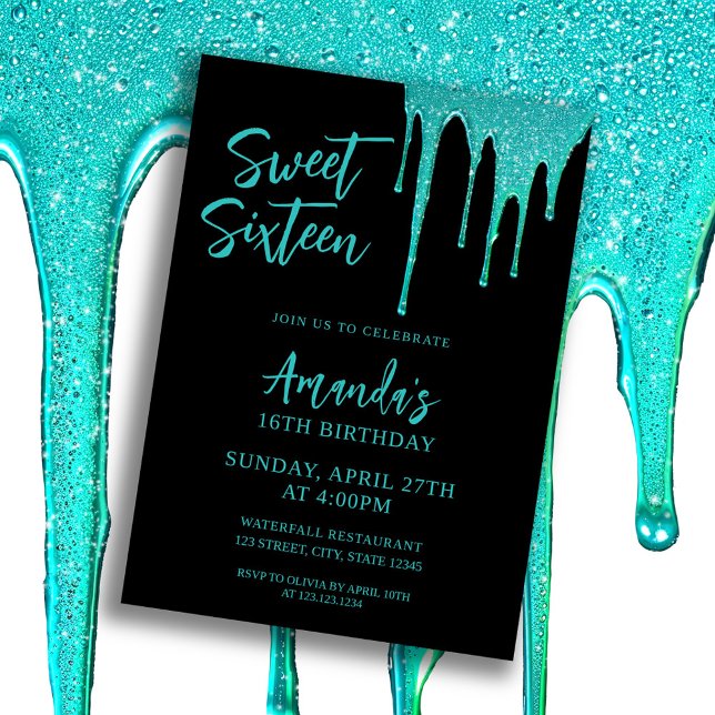 Modern Teal Glitter Drips Sweet 16 Birthday Invitation (Creator Uploaded)