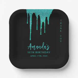 Modern Teal Glitter Drips Sweet 16 Birthday Paper Plate