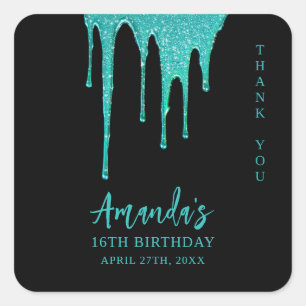 Modern Teal Glitter Drips Sweet 16 Birthday Square Sticker