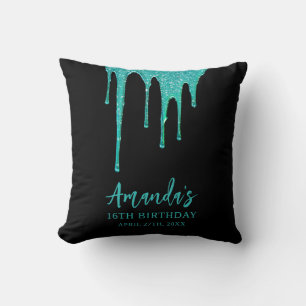 Modern Teal Glitter Drips Sweet 16 Birthday Throw Pillow