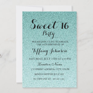 Modern Teal Glitter Faux Ombre Sweet 16 Invitation