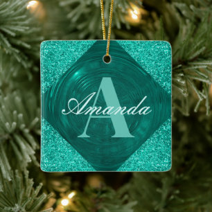 Modern Teal Glitter Girly Monogram Ceramic Ornament