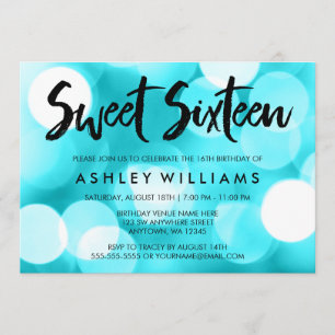 Modern Teal Glitter Lights Sweet 16 Invitations