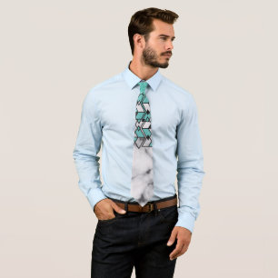 Modern Teal Glitter Marble Geometric Tribal Tie