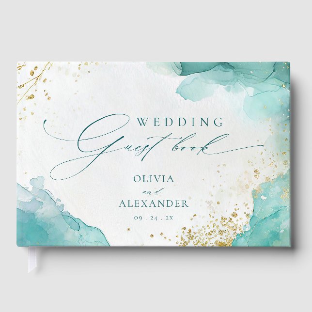 Modern Teal Gold Abstract Beach Wedding Guest Book (Front)