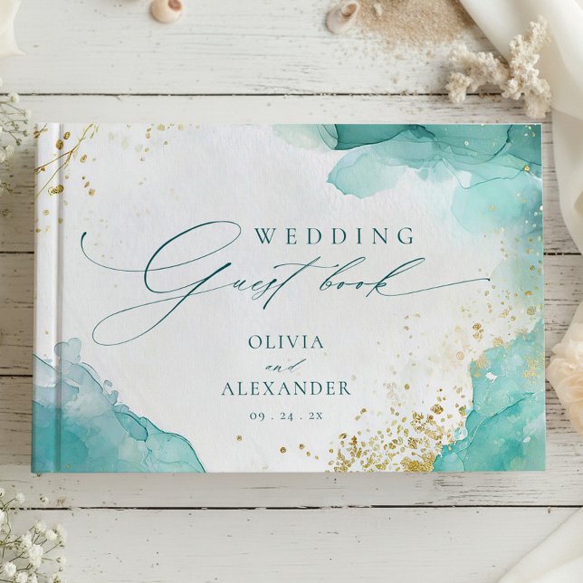 Modern Teal Gold Abstract Beach Wedding Guest Book (Creator Uploaded)