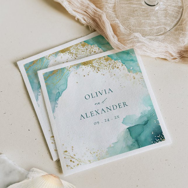 Modern Teal Gold Abstract Beach Wedding Napkin (Creator Uploaded)