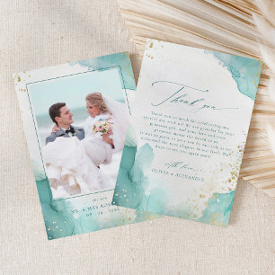 Modern Teal Gold Abstract Beach Wedding Photo Thank You Card