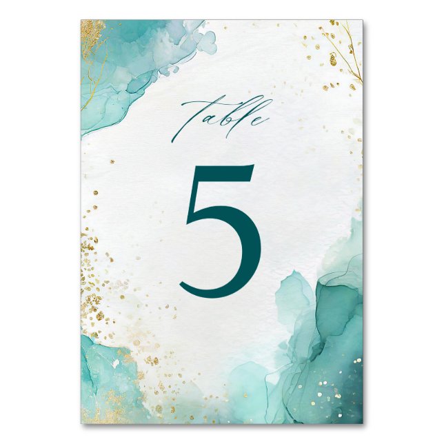 Modern Teal Gold Abstract Beach Wedding Table Number (Front)