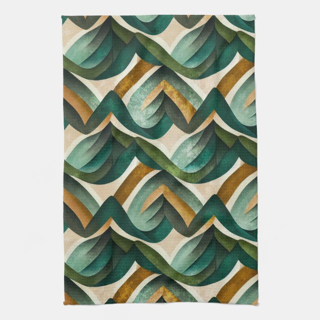 Modern Teal Gold Abstract Geometric Pattern Kitchen Towel (Vertical)