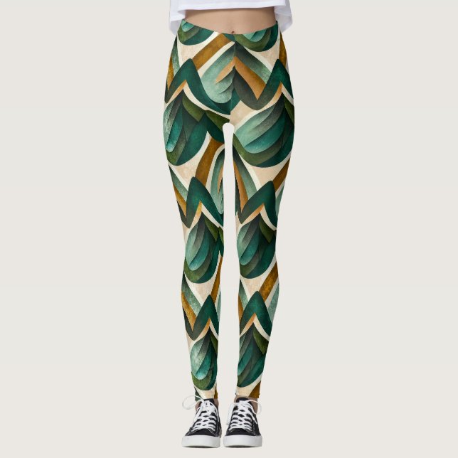 Modern Teal Gold Abstract Geometric Pattern Leggings (Front)