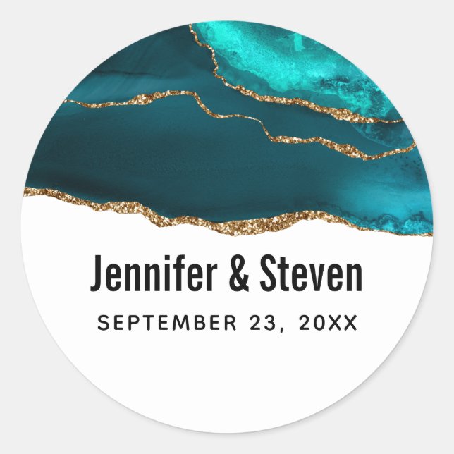 Modern Teal & Gold Agate Abstract Wedding Classic Round Sticker (Front)