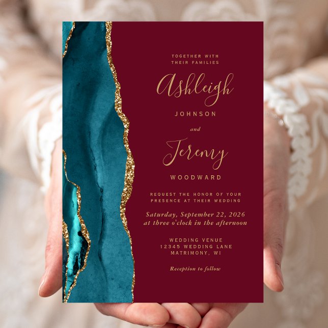 Modern Teal Gold Agate Burgundy Wedding Invitation (Creator Uploaded)