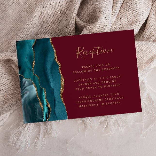 Modern Teal Gold Agate Burgundy Wedding Reception Enclosure Card (Creator Uploaded)