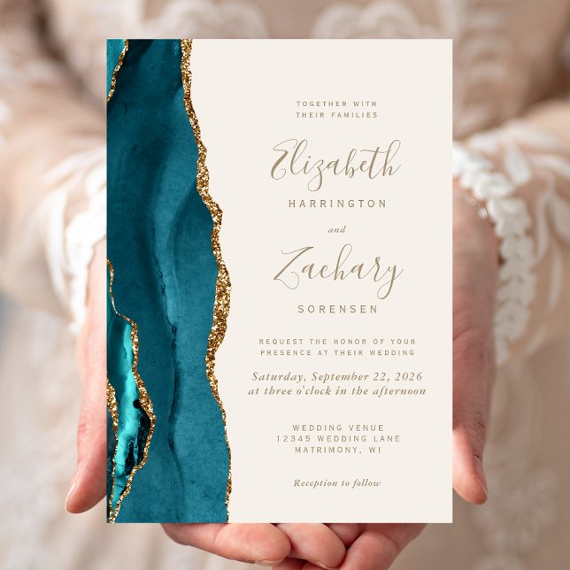 Modern Teal Gold Agate Ivory Wedding Invitation (Creator Uploaded)