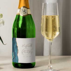 Modern Teal Gold Agate Ivory Wedding Sparkling Wine Label