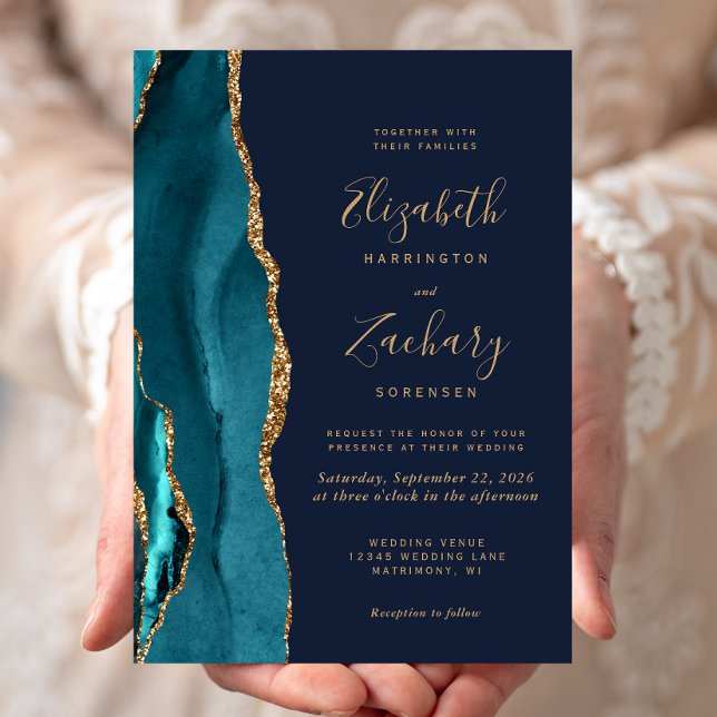 Modern Teal Gold Agate Navy Blue Wedding Invitation (Creator Uploaded)