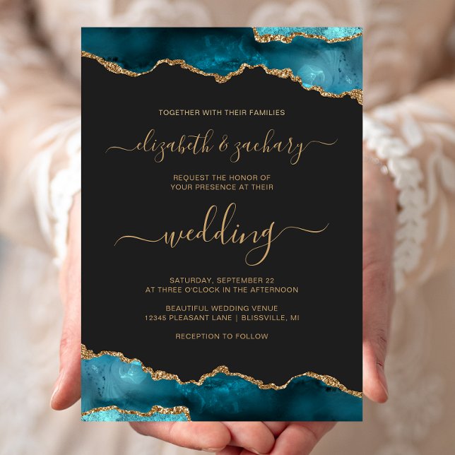 Modern Teal Gold Agate Script Dark Wedding Invitation (Creator Uploaded)