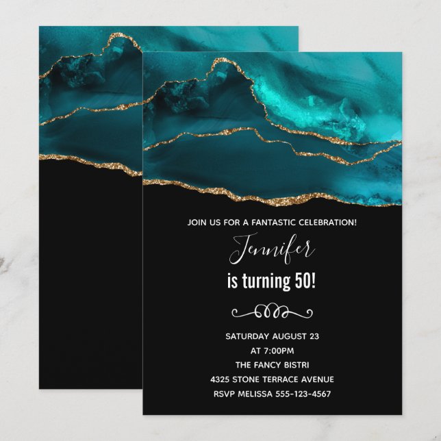 Modern Teal & Gold Agate Stone Abstract Birthday Invitation (Front/Back)