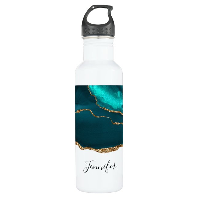 Modern Teal & Gold Agate Stone Abstract Design 710 Ml Water Bottle (Front)