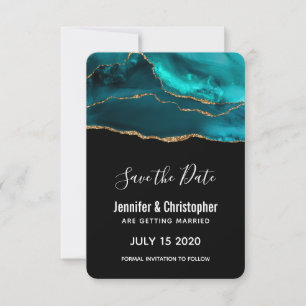 Modern Teal & Gold Agate Stone Abstract Design Save The Date