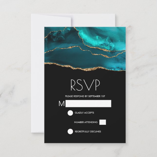 Modern Teal & Gold Agate Stone Abstract Wedding RSVP Card (Front)