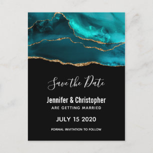 Modern Teal & Gold Agate Stone Save the Date Invitation Postcard