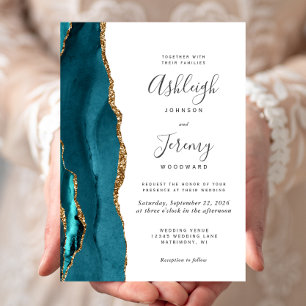 Modern Teal Gold Agate Wedding Invitation